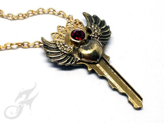 Steampunk Key Necklace w/ Winged Heart & Red Rhinestone in Hex Nut Setting ~ Brass Filigree ~ Repurposed Key #N0669 by Robin Taylor Delargy by FANTASTICALITYbyRTD steampunk buy now online