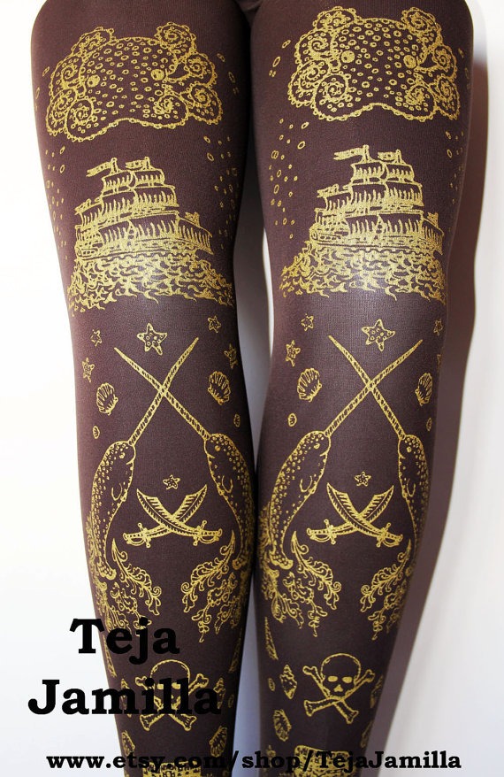Steampunk Pirate Tights Narwhals Small Medium Gold on Dark Brown Chocolate Tattoo Sailor Octopus Lolita by TejaJamilla steampunk buy now online