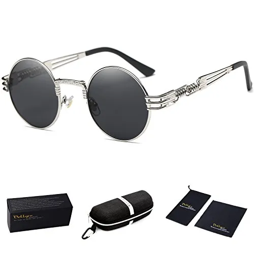 Dollger John Lennon Round Sunglasses Steampunk Metal Classic Frame Mirror Lens(C1:Black Lens+ Silver Frame) steampunk buy now online