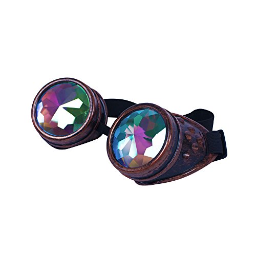 ASVP Shop® Kaleidoscope Rave Goggles - Rainbow Crystal Lenses Silver Steampunk Glasses Chrome Finish Gotchic Welder Cyber Style - Real Glass Lens steampunk buy now online
