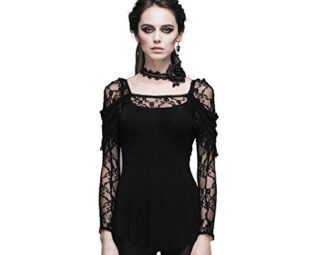 Devil Fashion Gothic Steampunk Women's Flocking Lace V-neck Long Sleeves Blouse Top T-shirt Cotton?Sexy Slim Fitting?Perspective T-shirt,3XL steampunk buy now online