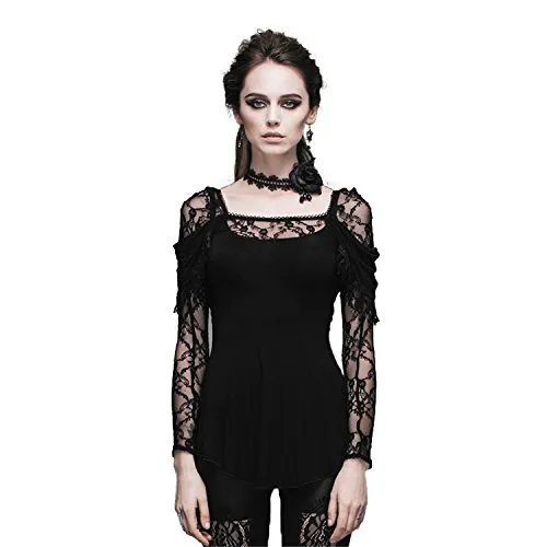 Devil Fashion Gothic Steampunk Women's Flocking Lace V-neck Long Sleeves Blouse Top T-shirt Cotton?Sexy Slim Fitting?Perspective T-shirt,3XL steampunk buy now online