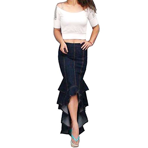 Zicac Womens Denim Skirts Ruffle Fish Tail Maxi Skirt A Line Skirt Pleated Knee Length Skirt Midi Dress (Blue) UK12 steampunk buy now online