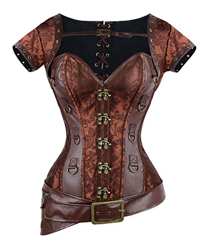 Charmian Women's Spiral Steel Boned Goth Retro Overbust Steampunk Bustier Corset Brown Medium steampunk buy now online