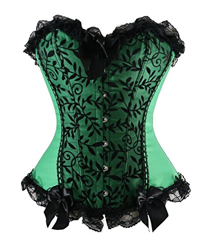 Kiwi-Rata Women's Brocade Satin Gothic boned Lace up Corset G-string Green,4XL steampunk buy now online