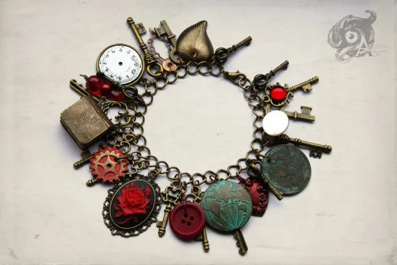 Steampunk charm bracelet with antique, vintage and contemporary charms // Red, brass and bronze // Neo-Victorian cosplay jewellery gift her by TheArkanaWorkshop steampunk buy now online