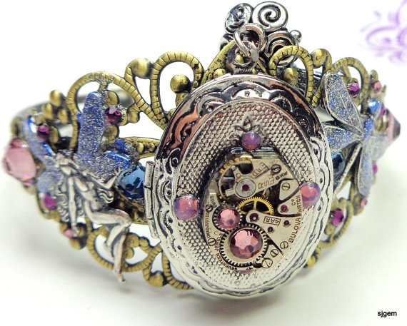 Steampunk Locket Bracelet,Dragonfly,Fairy,Ruby Jeweled Watch Movement,Purple Swarovski Crystals,Neo Victorian,Vintage Style,Steam Punk Cuff by STEAMPUNKitis steampunk buy now online