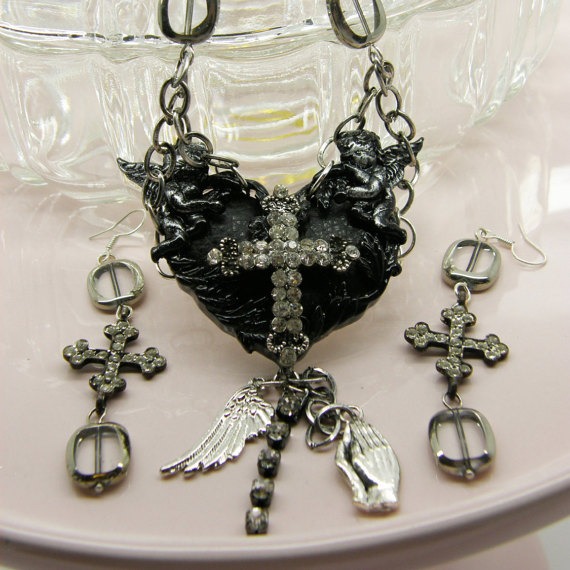 Beautiful Cross Assemblage Necklace and Earrings Set. Rhinestone encrusted cross, Heart, Angels, Angel Wings, Statement Necklace, Religious by TheEmbellishingRoom steampunk buy now online