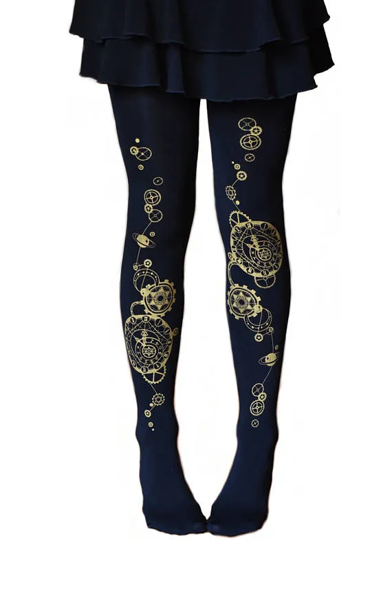 Steampunk Custom Printed Clock Gears Tattoo Tights! Vintage Spandex Footed Seamless Leggings Opaque Steam Punk Black & Gold Astrological by VictorianFoundry steampunk buy now online