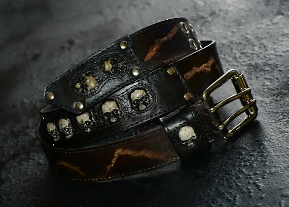Gift men Skull Leather belt Biker jewelry Brown belt Custom belt Leather belt men Custom leather belt Personalized leather belt Skull belt by FamilySkiners steampunk buy now online