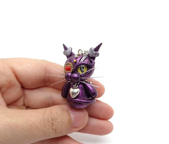 Cat Figurine, Steampunk Cat, Polymer Clay Cat, Steampunk Necklace, Steampunk Figurine, Victorian Necklace, Animal Jewelry Small Cat Necklace by GizPins steampunk buy now online