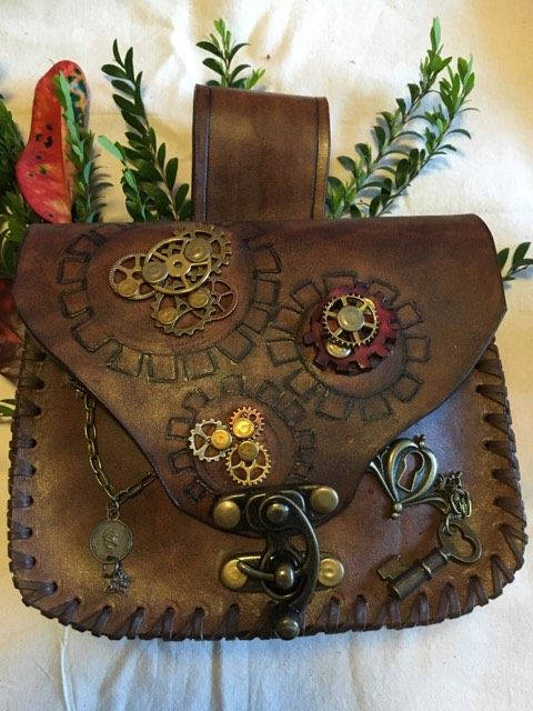 Steampunk belt pouch Bag, #5 Hand tooled one of a kind. Cogs and gears chains by Freylj steampunk buy now online