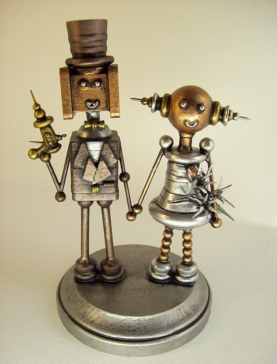Robot Secret Agent Wedding Cake Topper with Ray Gun Bride Holding Hands Lilly Bouquet Wood Statues by buildersstudio steampunk buy now online