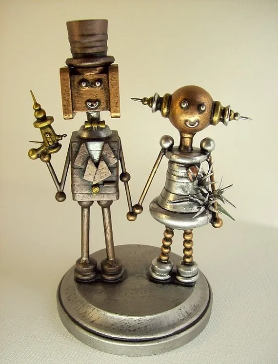 Robot Secret Agent Wedding Cake Topper with Ray Gun Bride Holding Hands Lilly Bouquet Wood Statues by buildersstudio steampunk buy now online