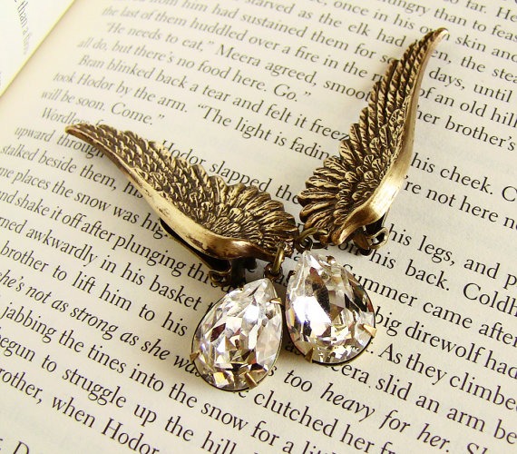 brass angel Wing Ear climbers wedding clip on earrings Steampunk jewelry statement earrings clip-on earrings Swarovski drop earrings by Aranwen steampunk buy now online
