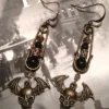 Fierce Steampunk Antique Bronze Bat Skull Head Charm Earrings with Fancy Safety Pin and Black Swarovski Pearls by AppleOfMyEars steampunk buy now online