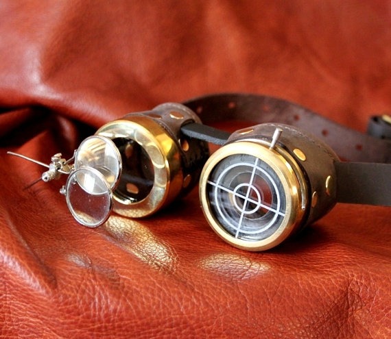 Steampunk Goggle brass and brown with IRIS eye piece and magnifiers by steambaby steampunk buy now online
