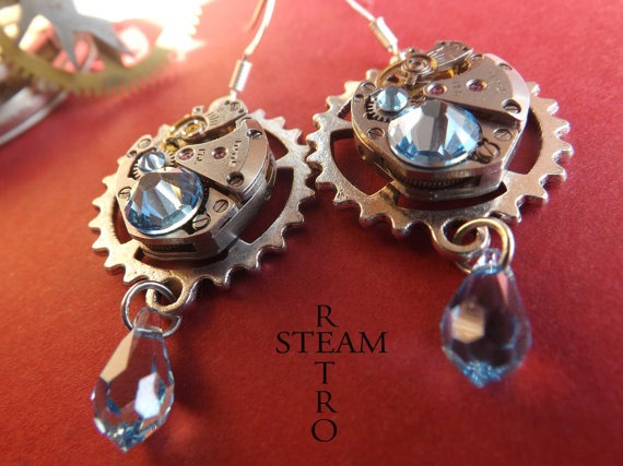 10% off sale17 Vintage watch movement Aquamarine Swarovski Steampunk Earrings - Steampunk Jewelery- personalized jewelry by SteamRetro steampunk buy now online