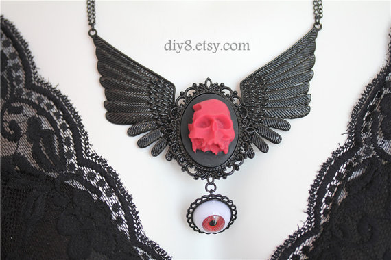 Steampunk Necklace Red 3D Skull & evil eye Black Wing Gothic Valentine Jewelry 0301-01 by diy8 steampunk buy now online