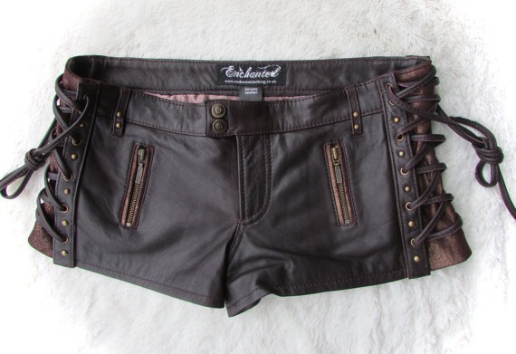 leather steampunk shorts brown purple leather laceup shorts biker pixie style burning man by EnchantedClothing steampunk buy now online
