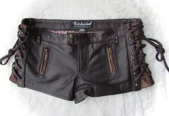 leather steampunk shorts brown purple leather laceup shorts biker pixie style burning man by EnchantedClothing steampunk buy now online