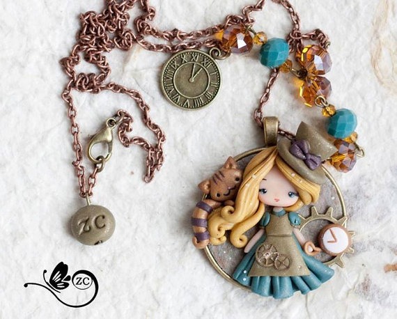 polymer clay necklace / steampunk Alice / disney / princess / clay by ZingaraCreativa steampunk buy now online