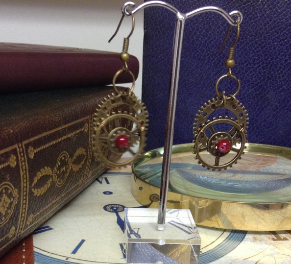 Cog Earrings Steampunk Inspired - Bronze with a touch of red by InspiredbySteamPunk steampunk buy now online
