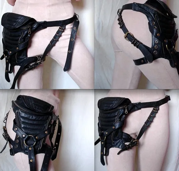 HQ VEGAN Pleather Black Hip Bag with Leg Harness by ElvenStarMagick steampunk buy now online