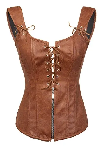 BSLINGERIE® Womens Black Faux Leather Straps Boned Corset with Zipper (UK 16-18 (XXL), Brown) steampunk buy now online BSLINGERIE® Womens Black Faux Leather Straps Boned Corset with Zipper (UK 16-18 (XXL), Brown) steampunk buy now online