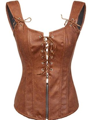 BSLINGERIE® Womens Black Faux Leather Straps Boned Corset with Zipper (UK 16-18 (XXL), Brown) steampunk buy now online