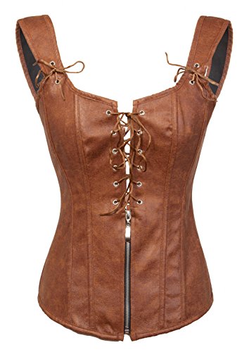 BSLINGERIE® Womens Black Faux Leather Straps Boned Corset with Zipper (UK 16-18 (XXL), Brown) steampunk buy now online