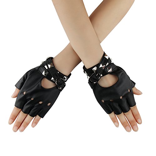 Cusfull Sexy Women Punk Rivets Gloves Belt Up Half Finger PU Leather Performance Gloves Rock Gothic Style (Black) steampunk buy now online