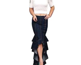 Zicac Womens Denim Skirts Ruffle Fish Tail Maxi Skirt A Line Skirt Pleated Knee Length Skirt Midi Dress (Blue) UK8 steampunk buy now online