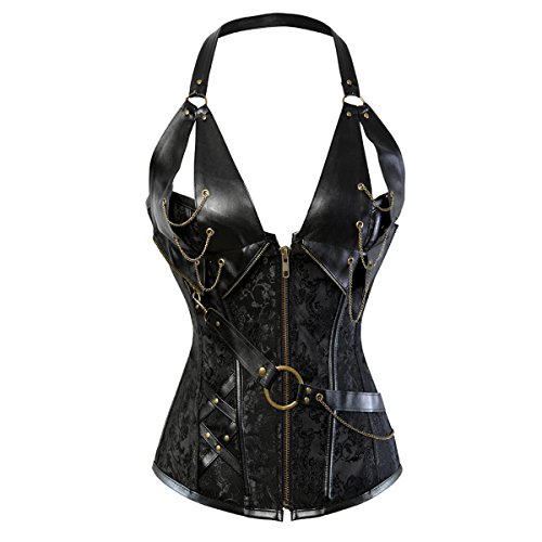 8105 Women's Waist Trainer Corset Steel Boned Steampunk Halter Gather Leather Shaper 3X-Large Black steampunk buy now online