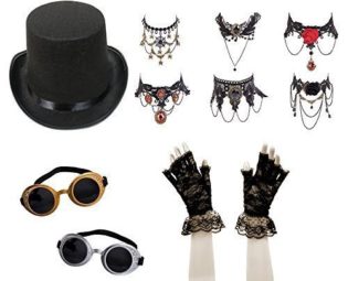 Ladies Steampunk Fancy Dress Costume Set (Top Hat, Goggles, Necklace, Lace Gloves) steampunk buy now online