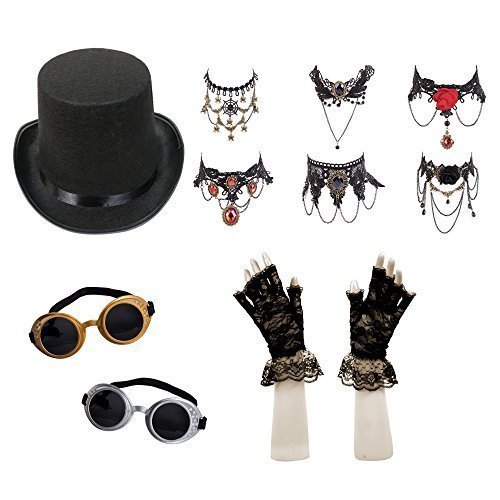 Ladies Steampunk Fancy Dress Costume Set (Top Hat, Goggles, Necklace, Lace Gloves) steampunk buy now online