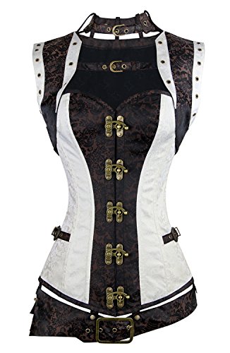 Charmian Women's Plus Size Spiral Steel Boned Renaissance Vintage Steampunk Bustier Corset Top with Jacket and Belt Brown-White X-Large steampunk buy now online