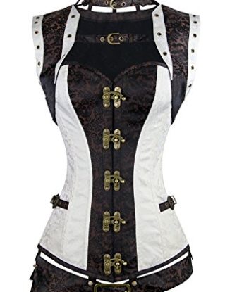 Charmian Women's Plus Size Spiral Steel Boned Renaissance Vintage Steampunk Bustier Corset Top with Jacket and Belt Brown-White Medium steampunk buy now online