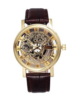 Men's Hollow Engraving Brown PU Leather Strap Steampunk Wrist Watch-Gold steampunk buy now online