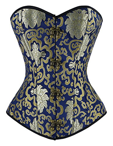 Charmian Women's Steampunk Vintage Spiral Steel Boned Embroided Pattern Boby Shaper Overbust Corset Top Gold/Blue XX-Large steampunk buy now online