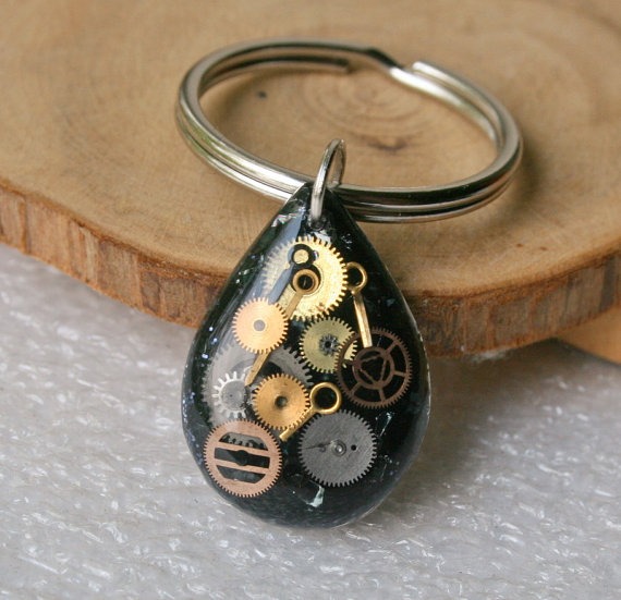 Black Steampunk Resin Keyring, Resin Keychain , Steampunk Keychain from watch parts by Olisava steampunk buy now online