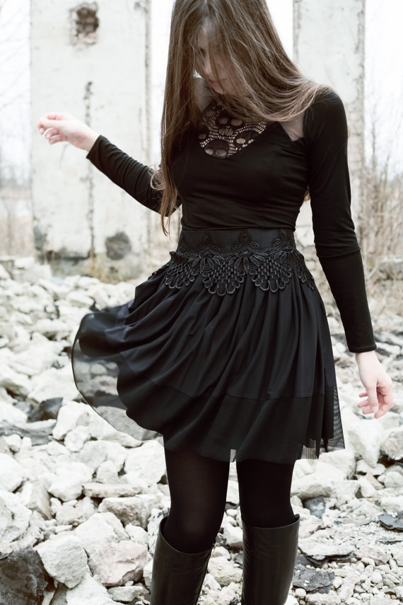 Black lace skirt / Lace applique skirt / Lace belt lolita skirt / Tulle lace skirt / Luxury Gothic skirt / Black Skirt by APetersoneClothing steampunk buy now online