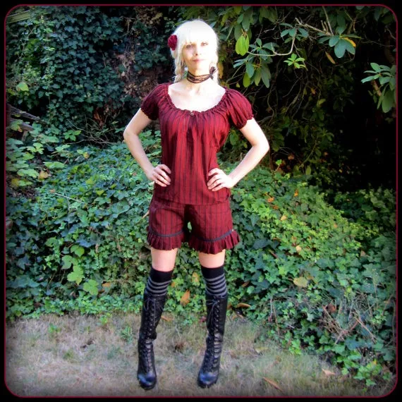 Steampunk Peasant Blouse ~ Pirate Shirt ~ Striped Renaissance Gypsy Victorian Off Shoulder Top ~ Halloween Costume Dirndl Cosplay Red Black by TalismanaDesigns steampunk buy now online