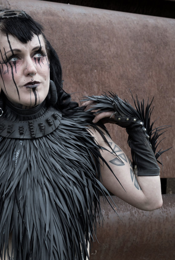 Rubber Feather Leather Gloves/Cuffs by NiKiNGA steampunk buy now online