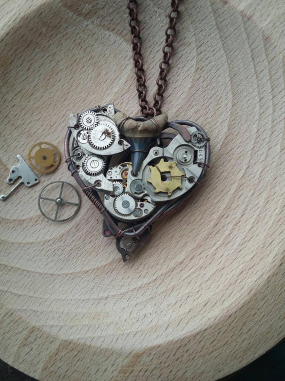 Shark tooth necklace Mechanical heart Steampunk necklace Industrial heart Clock work by AlmostRealFlowersArt steampunk buy now online