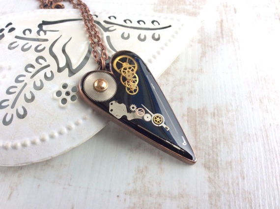 Heart Steampunk Necklace. Black Heart Necklace. Steampunk Heart Pendant. Steampunk Necklace. Watch Part Necklace. Resin Heart Necklace by OneDottyDuck steampunk buy now online