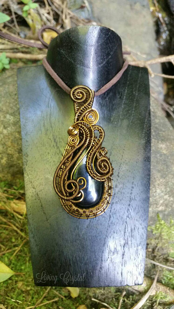 Black onyx crystal pendant in bronze antique brass steampunk wire wrap detailed and intricate fibonacci spiral sequence pendant necklace by LivingCrystal steampunk buy now online