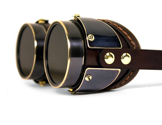 STEAMPUNK GOGGLES dark brown leather blackened brass QUAD by MannAndCo steampunk buy now online