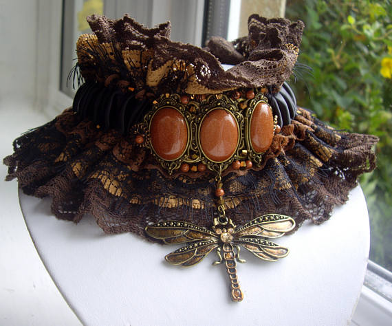 Gothic Steampunk Dragonfly Cog Victorian Style Wide Brown Black Ribbon Choker by GothicWeddingAngel steampunk buy now online