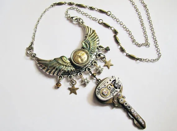 Steampunk Winged Moon & Treasure Key Necklace, Steampunk Necklace, Steampunk Moon, Moon and Stars, Steampunk Key Necklace CPN25 by RavensSecretStash steampunk buy now online
